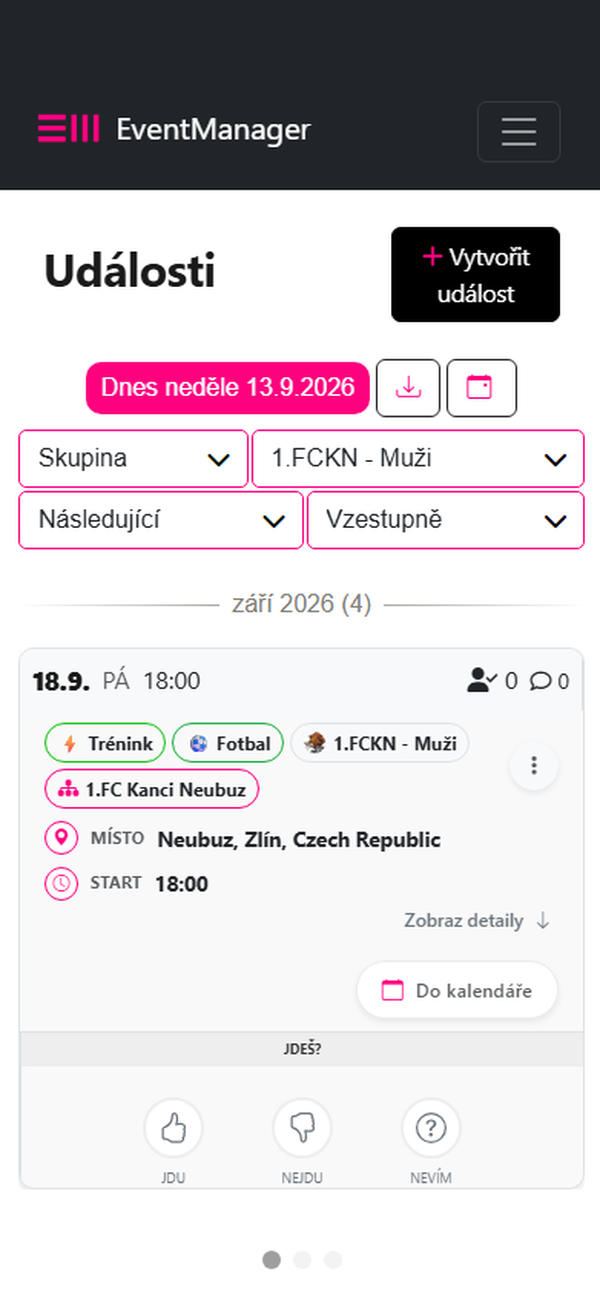 EventManager na mobilu — přehled událostí, detail akce a turnajový systém
